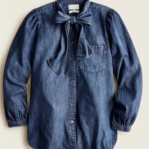 J. Crew Dark Blue chambray Denim Tie-Neck Button-Down Shirt sz med j.crew